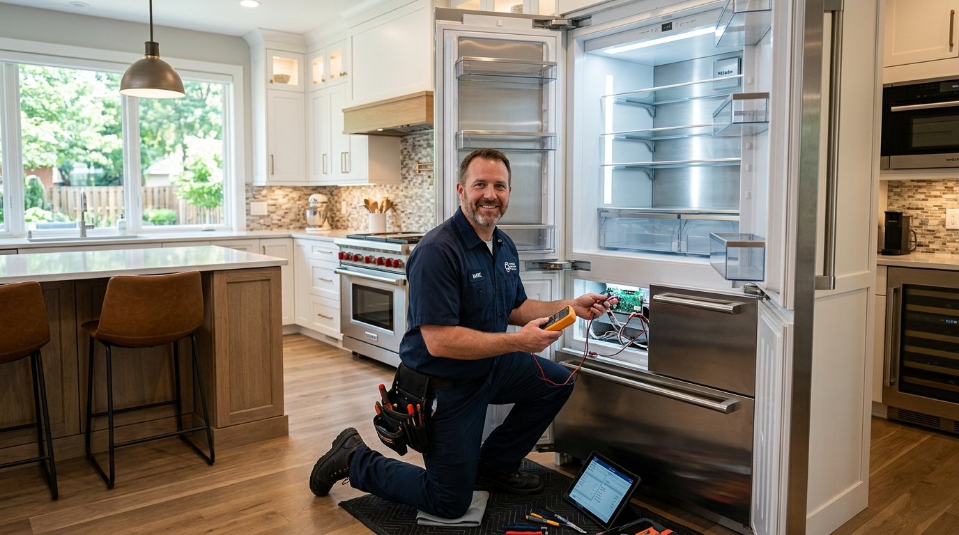Professional technician repairing a kitchen appliance in a Carmel, IN home